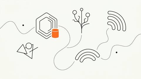Schematic ink line illustration on cream paper: a hexagonal protocol hub, a branching data-stream tree, and a curved signal arc connected by wavy ink lines, with a small solid orange database cylinder at the hub's edge.