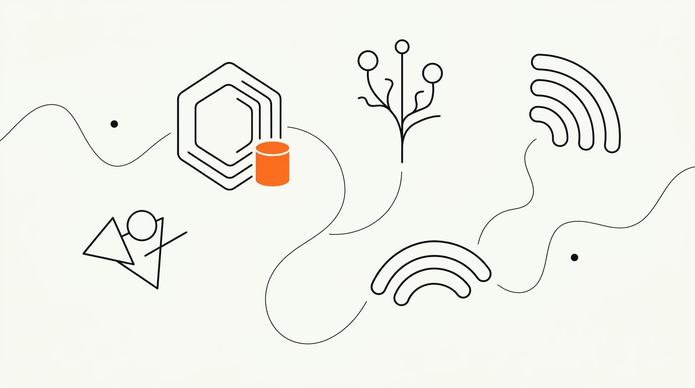 MCP servers for marketing data governance with Meta Ads and Snowflake: ink line illustration of a hexagonal protocol hub, a branching data-stream tree, and a curved signal arc, with a small solid orange database cylinder at the hub's edge.