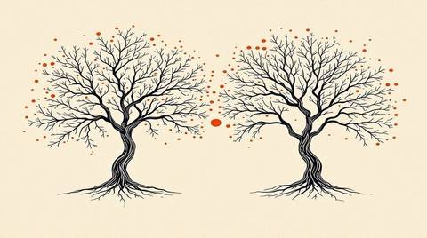 Marketing for insurance agents and brokers: editorial illustration of a handshake formed from two branching network trees, fine ink lines on cream background, with a single solid orange referral node at the centre.