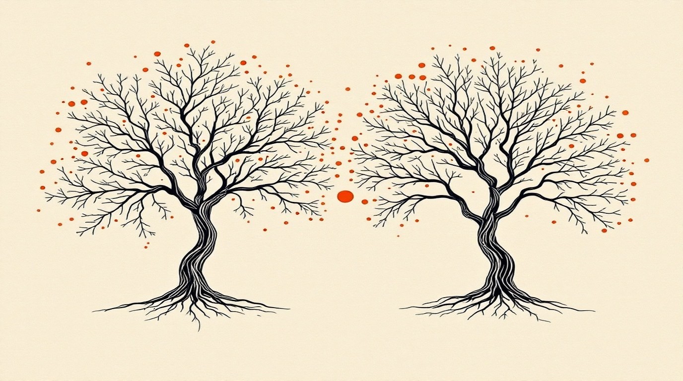 Marketing for insurance agents and brokers: editorial illustration of a handshake formed from two branching network trees, fine ink lines on cream background, with a single solid orange referral node at the centre.