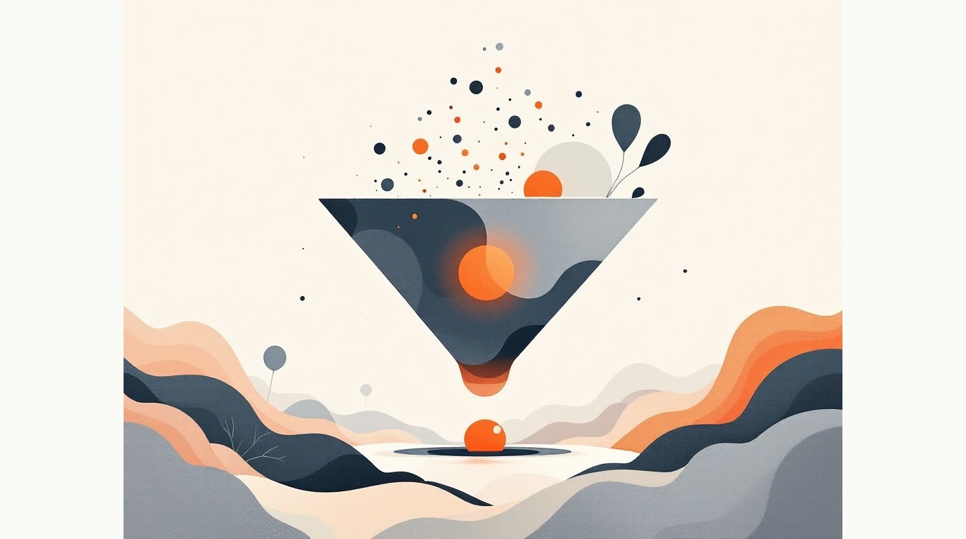 Editorial illustration: a stylised marketing funnel of flowing layered forms in cream, navy and grey, with a bright orange focal point where the flow narrows.