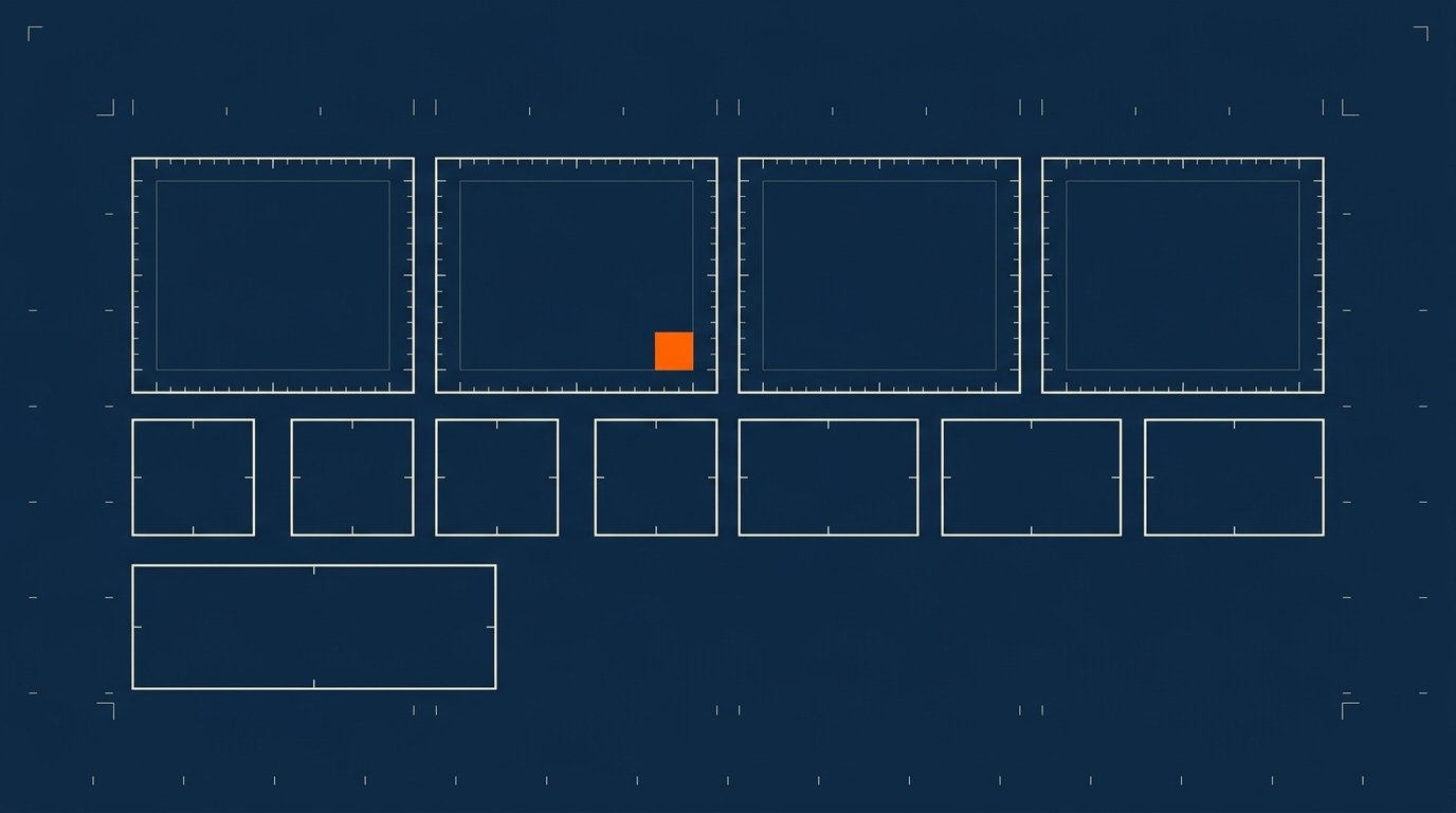 Marketing KPIs for board reporting: blueprint dashboard grid with tick marks and one small solid orange indicator square.