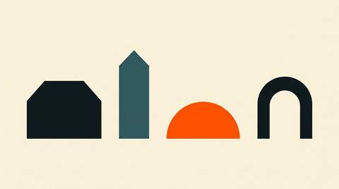 Marketing operating model: flat poster of four shapes (house, tower, orange half-circle, arch) side by side.