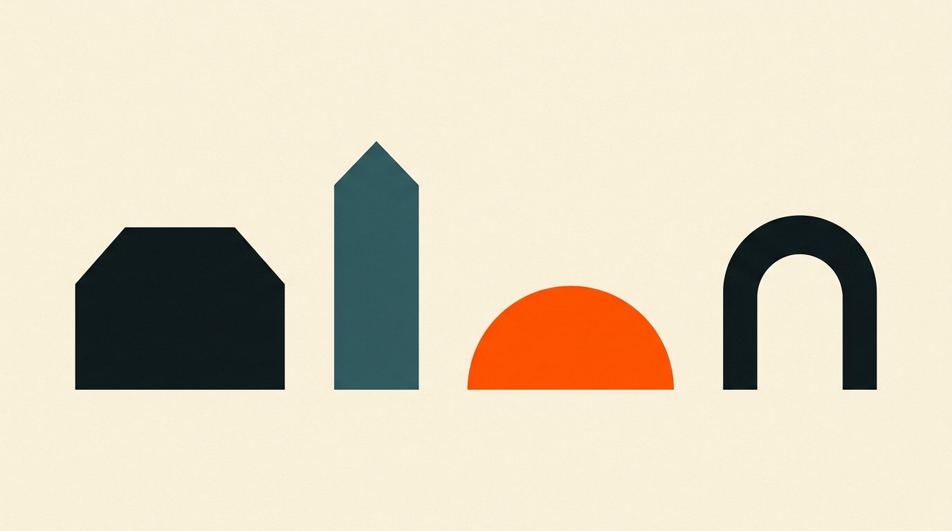 Marketing operating model: flat poster of four shapes (house, tower, orange half-circle, arch) side by side.