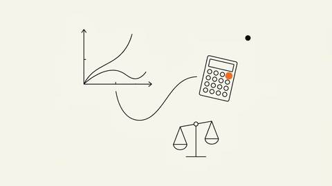 Editorial line illustration: a two-axis chart with two curves diverging, one for reported return and one for true return, linked by a wavy line to a calculator with a single orange key, beside a tipping balance scale, on cream paper.