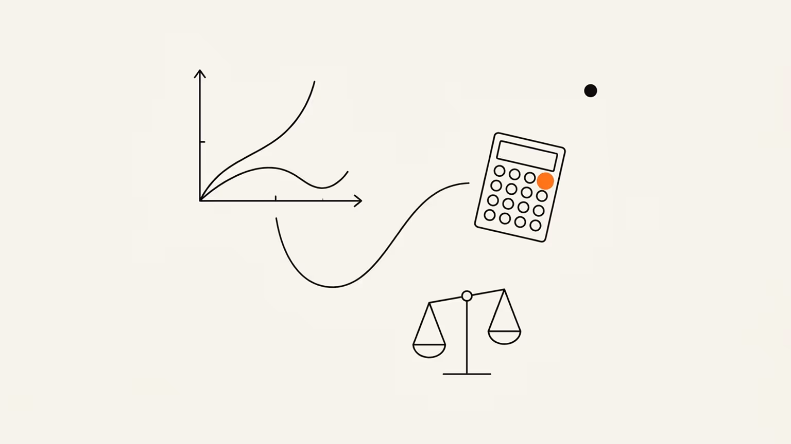 Editorial line illustration: a two-axis chart with two curves diverging, one for reported return and one for true return, linked by a wavy line to a calculator with a single orange key, beside a tipping balance scale, on cream paper.