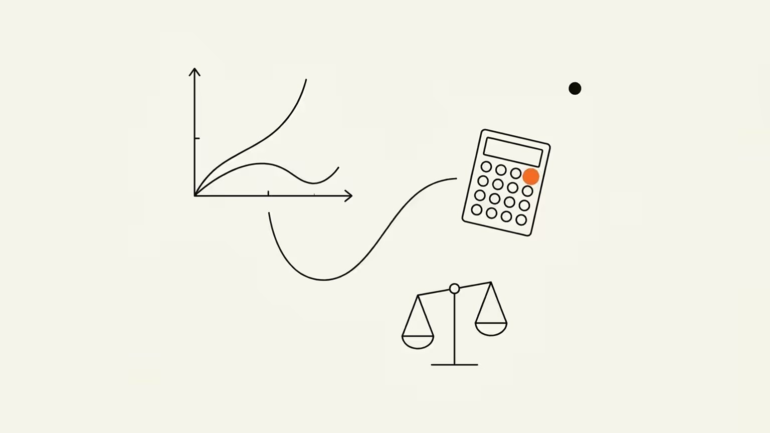 Editorial line illustration: a two-axis chart with two curves diverging, one for reported return and one for true return, linked by a wavy line to a calculator with a single orange key, beside a tipping balance scale, on cream paper.