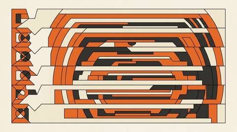Bauhaus geometric six-layer stack diagram in brand palette, each horizontal band a different shade from cream through orange to dark