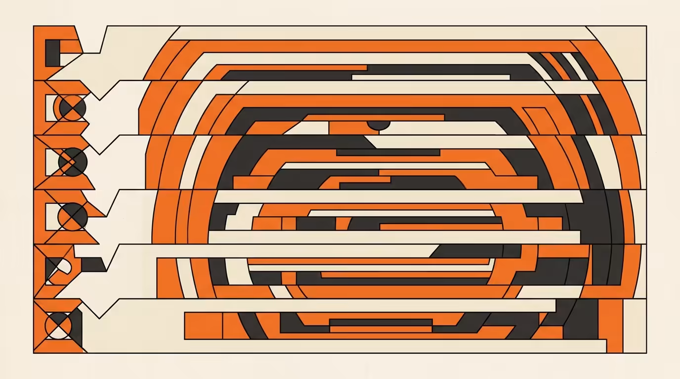 Bauhaus geometric six-layer stack diagram in brand palette, each horizontal band a different shade from cream through orange to dark, clean architectural line-art on cream paper