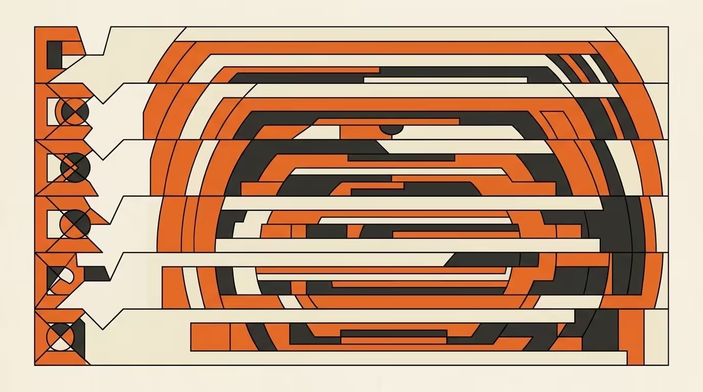 Bauhaus geometric six-layer stack diagram in brand palette, each horizontal band a different shade from cream through orange to dark, clean architectural line-art on cream paper
