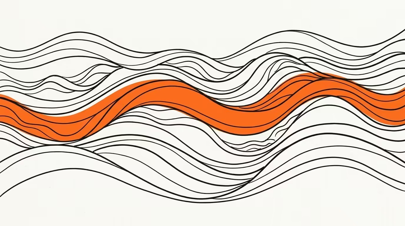 The 2026 marketing technology stack, line by line hero illustration, brand-typographic editorial poster on cream paper, deep ink headline and brand-orange italic accent.