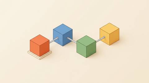 Martech consolidation vs integration: isometric scene of four small blocks on cream joined by thin pipes, one block solid orange.