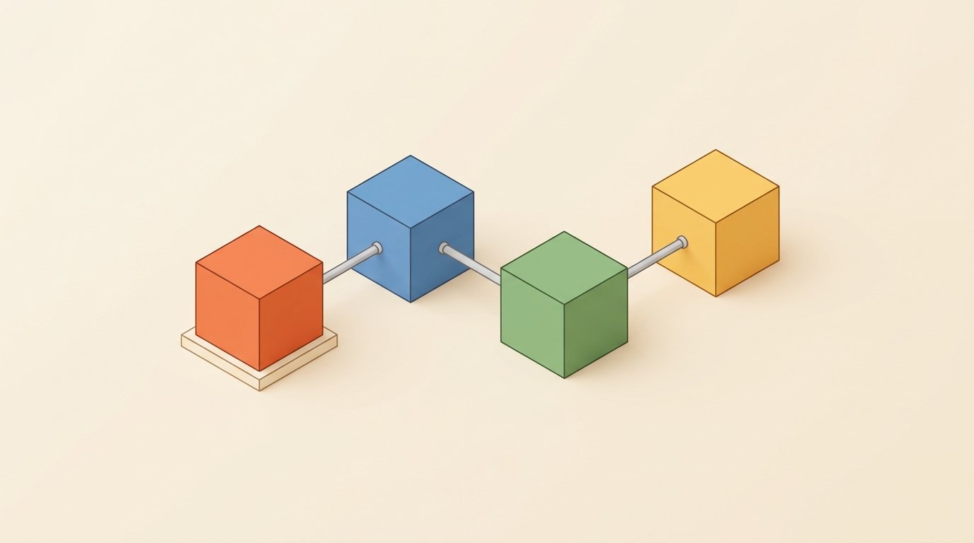 Martech consolidation vs integration: isometric scene of four small blocks on cream joined by thin pipes, one block solid orange.
