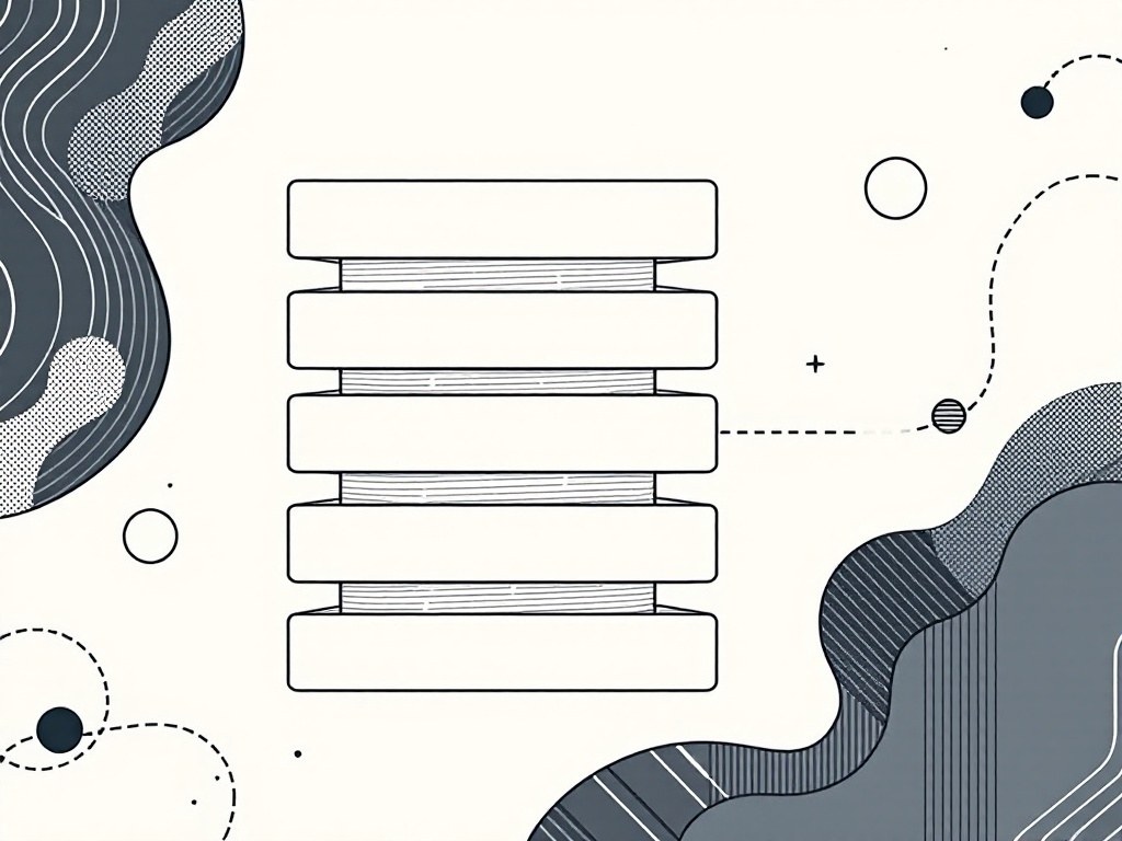 Martech stack selection: schematic illustration of stacked architecture layers with flow connections and an orange decision-node accent.