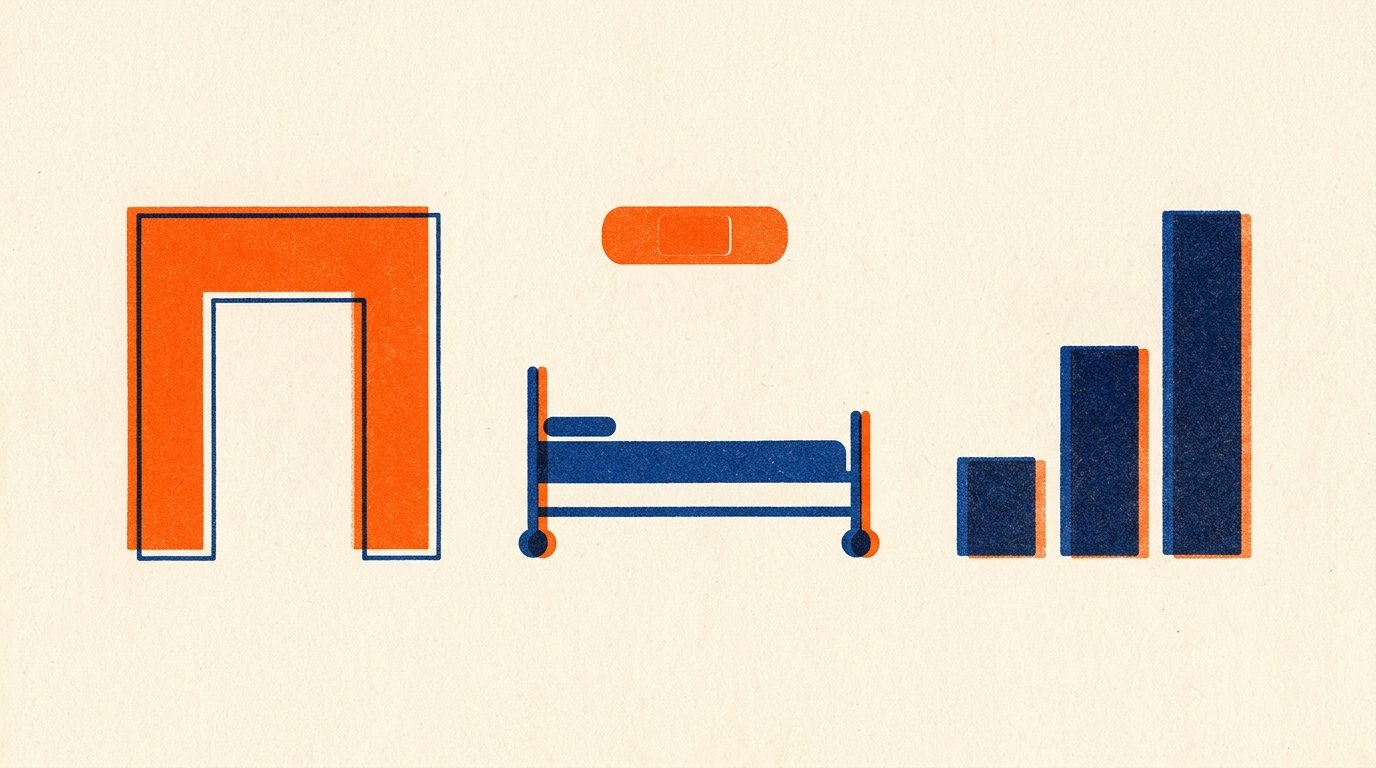 Medical and hospitalisation insurance marketing strategy: duotone print of a hospital entry arch, a hospital bed, and a rising bar in orange and deep blue inks, with a small orange adhesive plaster strip.
