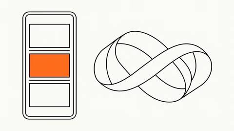 Editorial line illustration: phone frame with ad tiles plus Möbius loop.