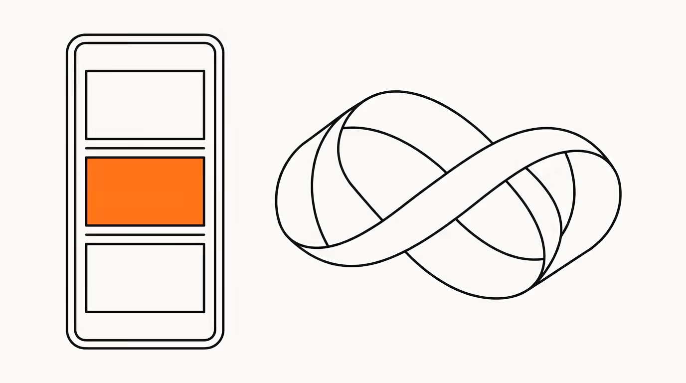Editorial line illustration: phone frame with ad tiles plus Möbius loop.