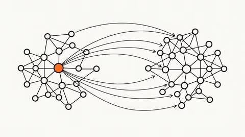 Illustrated editorial diagram of a social feed grid with an AI filter layer overlaid, orange accent node, ink line-art on cream paper.