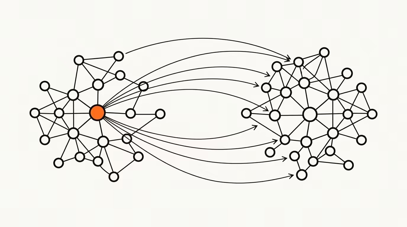 Illustrated editorial diagram of a social feed grid with an AI filter layer overlaid, orange accent node, ink line-art on cream paper.