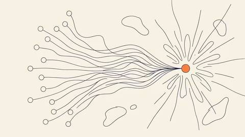 A fan of small ink discs converging into one generative bloom, thin radiating paths linking them, one solid orange disc at the point of convergence, on cream paper, ink lines, no text.