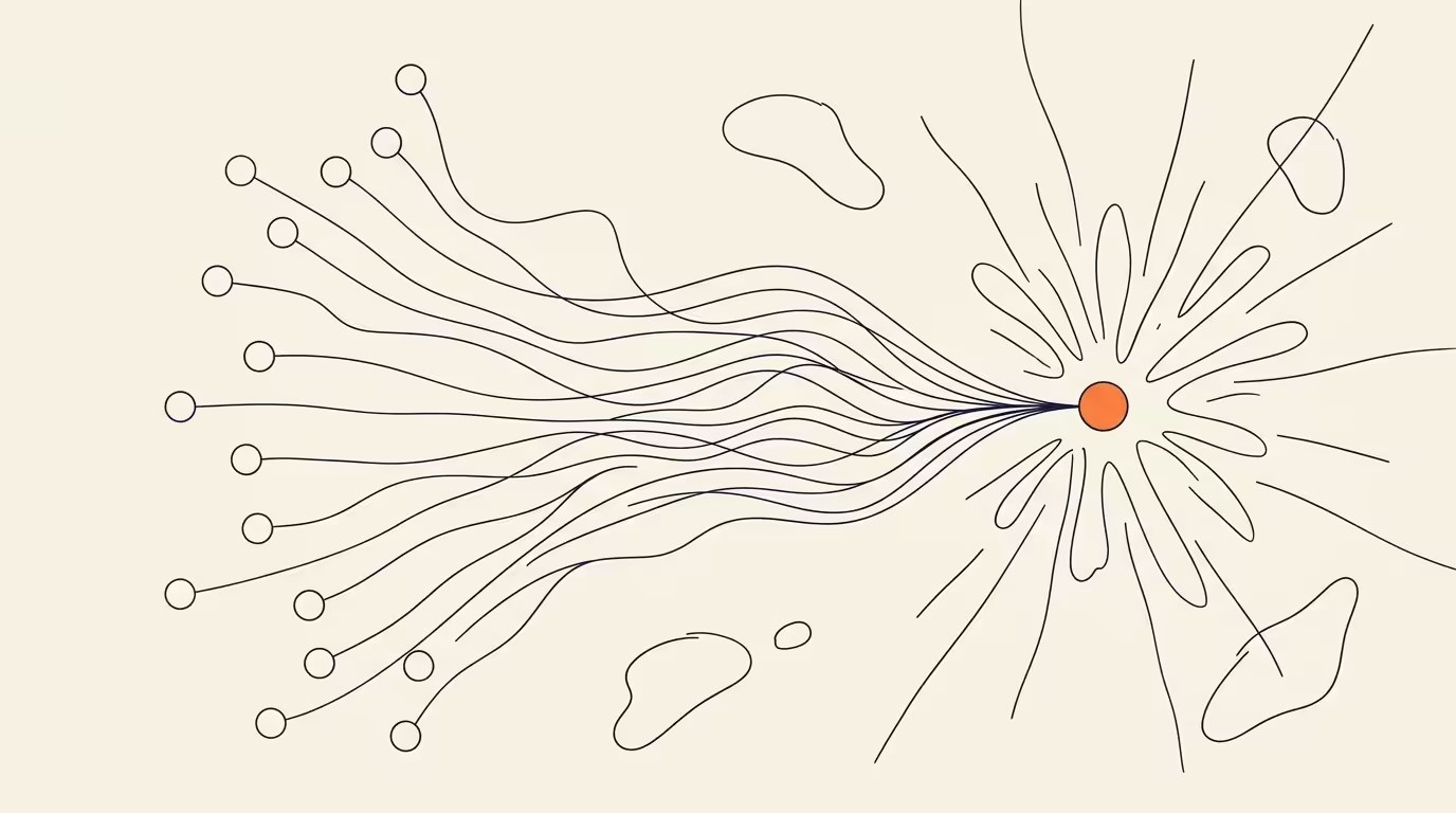 A fan of small ink discs converging into one generative bloom, thin radiating paths linking them, one solid orange disc at the point of convergence, on cream paper, ink lines, no text.