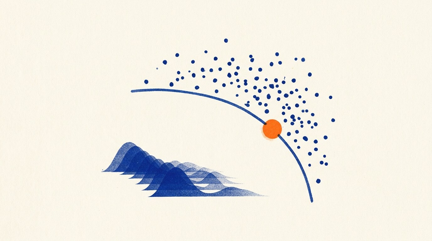 Meta Robyn marketing mix modeling: risograph-style print of blue candidate model dots scattered along a curved Pareto frontier, layered decaying adstock waves, and one solid orange dot marking the selected model.
