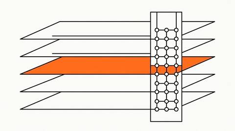 Editorial line illustration: layered horizontal data-strata planes intersected by a vertical search column, with connection nodes at the intersection and a brand-orange accent plane, on cream paper.