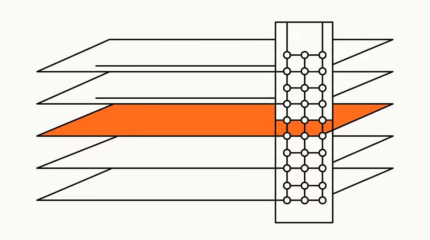 Bauhaus-geometric illustration: layered rectangular planes representing LinkedIn professional data intersecting with a search query stream, deep ink on cream paper with a single brand-orange plane as the data-integration anchor.
