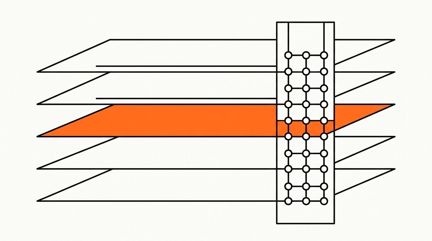 Bauhaus-geometric illustration: layered rectangular planes representing LinkedIn professional data intersecting with a search query stream, deep ink on cream paper with a single brand-orange plane as the data-integration anchor.