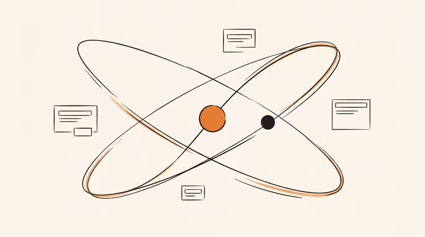 Editorial line illustration of two intersecting orbit paths, one orbit node filled brand orange representing automation, a second smaller node in ink representing human judgment, abstract technical forms on cream paper.
