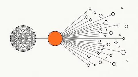 Constellation line illustration of a meshed assistant node linked to a solid orange server node fanning out to a field of small circular nodes, ink line-art on cream paper.