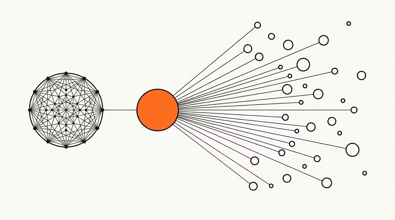 Constellation line illustration of a meshed assistant node linked to a solid orange server node fanning out to a field of small circular nodes, ink line-art on cream paper.