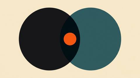Microsoft AI Max vs Google AI Max poster: two overlapping flat circles sharing a lens shape, with a small orange dial.