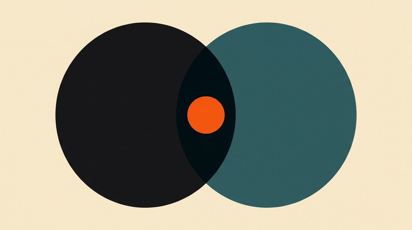 Microsoft AI Max vs Google AI Max poster: two overlapping flat circles sharing a lens shape, with a small orange dial.