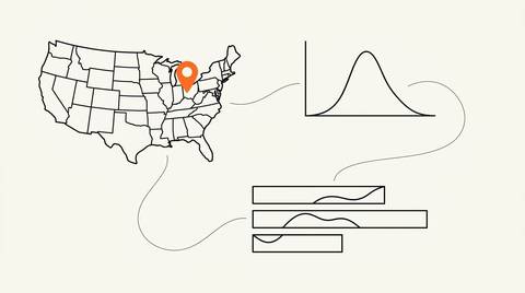 Schematic ink line illustration on cream paper: a regional map outline, a histogram curve, and three stacked channel bands connected by wavy ink lines, with a small solid orange map pin on the map.