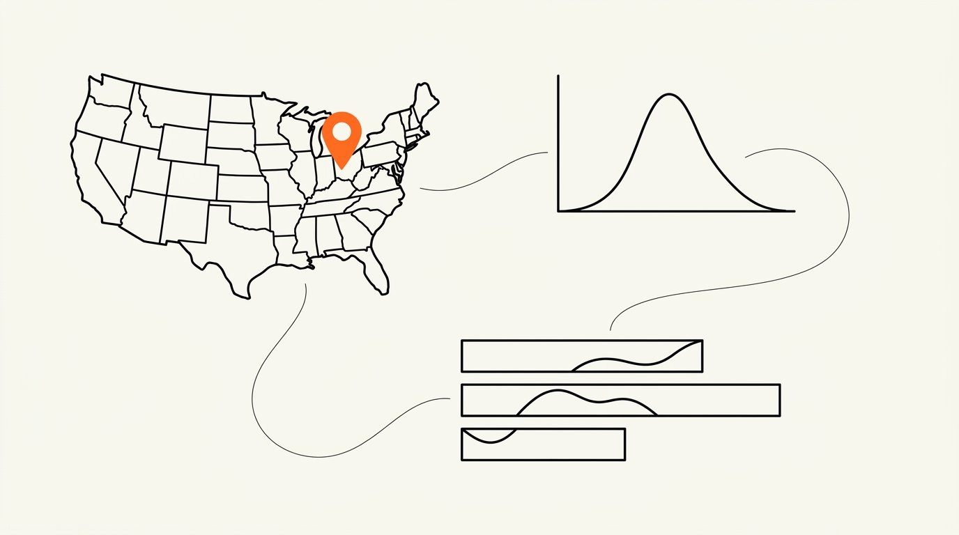 Marketing mix modeling revival with Meridian and Analytics 360: ink line illustration of a regional map outline, a histogram curve, and three stacked channel bands, with a small solid orange map pin on the map.