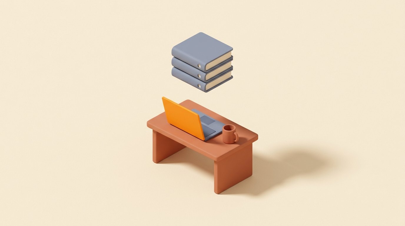 Online degree program marketing for working adults: isometric miniature of a desk with an open laptop with a solid orange lid, a mug, and three floating course folders.