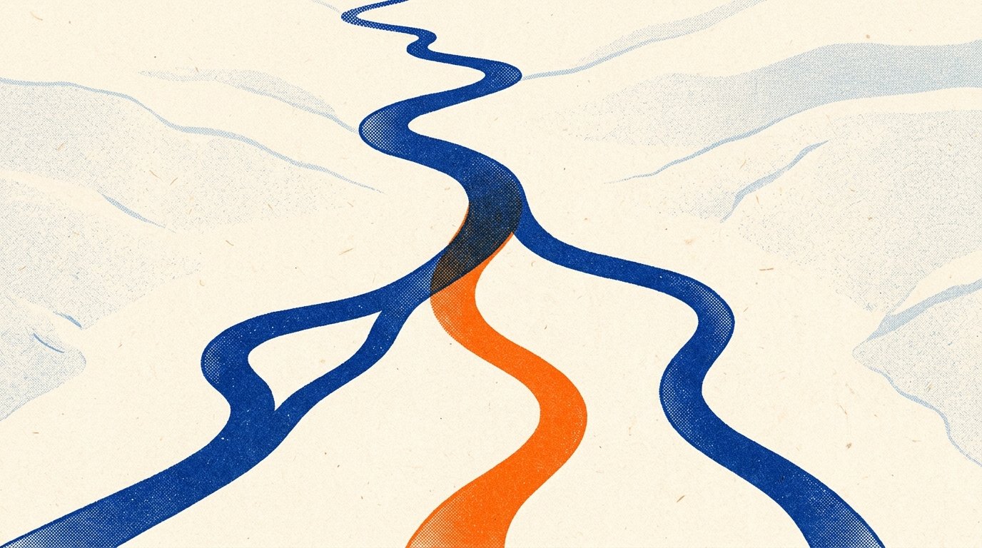 Replacing lost organic traffic: riso print of a blue river splitting into channels, one channel in orange.
