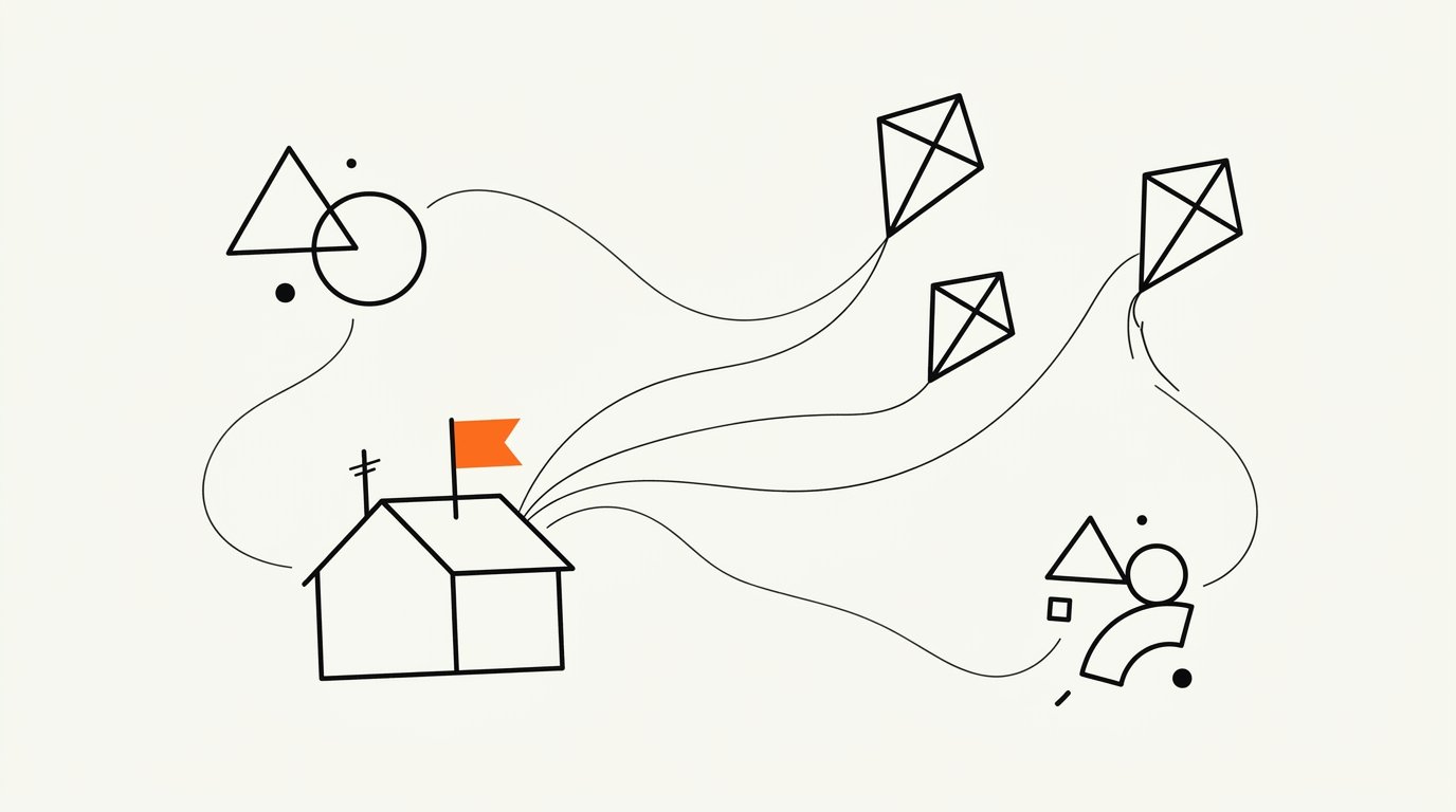 Owned media strategy and website AI citation visibility: ink line illustration of a house with an antenna and three kites tethered to it by strings, with a small solid orange flag on the roof.