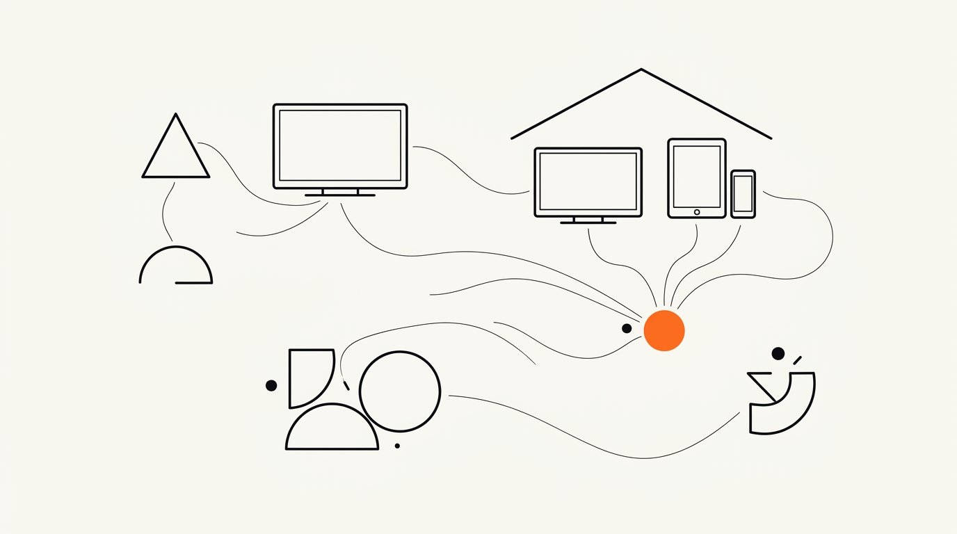 Household identity for CTV: one household contains three devices linked through a residence-level identity node for unified frequency capping and cross-device attribution