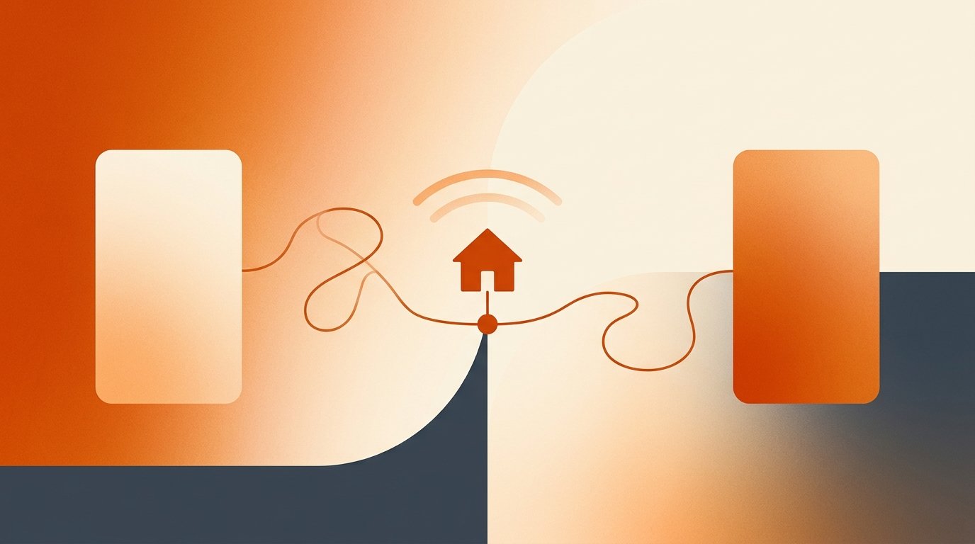 People-based DSP and household identity: warm gradient illustration of two devices joined by an identity thread through a central node marked with a small deep-orange house silhouette.