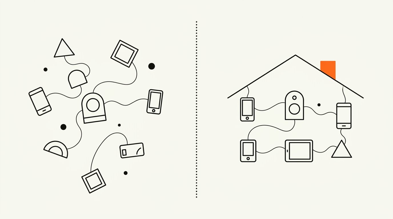 People-based identity graph vs cookie and device graph: a diagram showing three device outlines linked through a persistent identity node versus three disconnected device signals