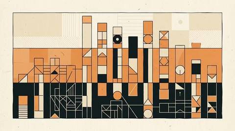 Bauhaus geometric bar chart illustration breaking a performance marketing funnel into three horizontal bands: vanity metrics, operational metrics, business metrics, brand orange accent on top tier