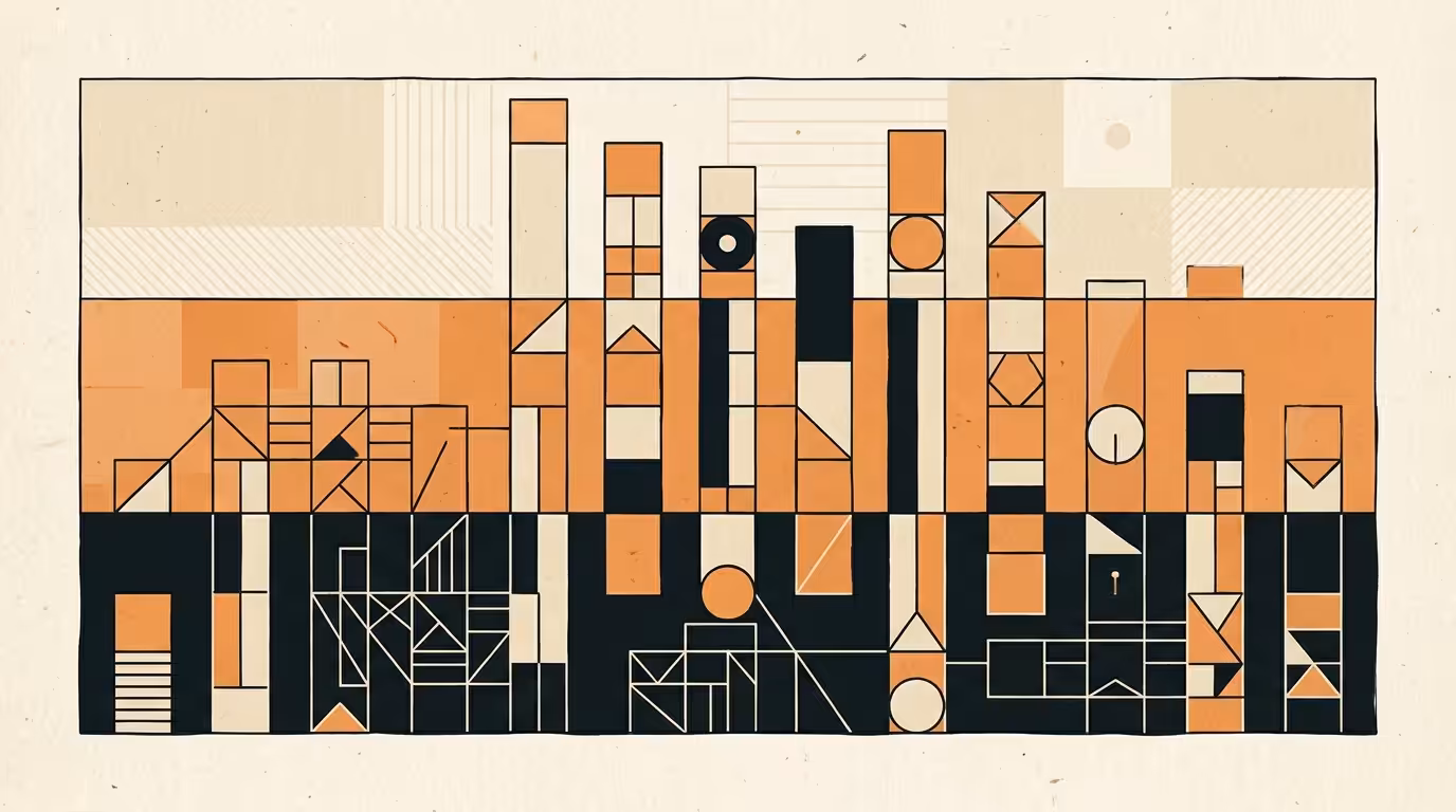Bauhaus geometric bar chart illustration breaking a performance marketing funnel into three horizontal bands: vanity metrics, operational metrics, business metrics, brand orange accent on top tier, ink line-art on cream paper