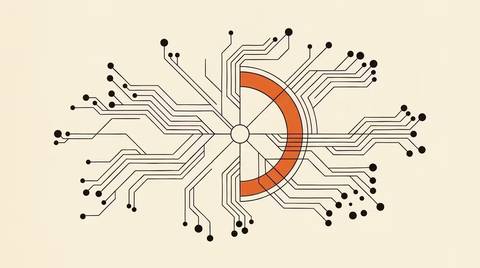 Editorial graphic of interlocking gears and a performance chart with a magnifying lens, ink line-art on cream paper.