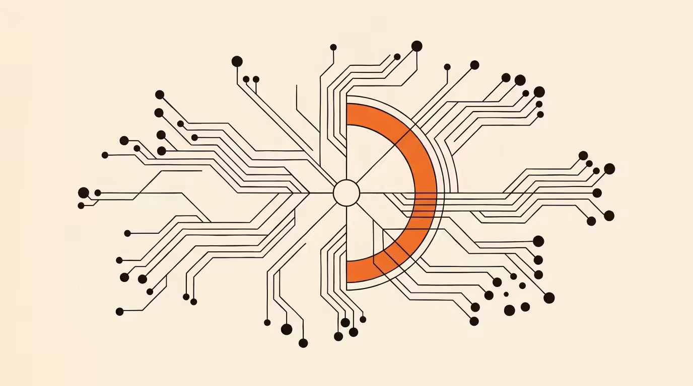 Flat cream-paper 2D line illustration: abstract branching signal paths converging on a central node, brand orange accent arc, geometric nodes only, no text.