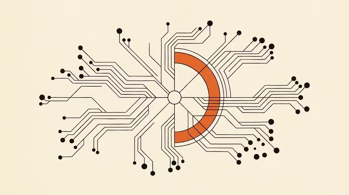 Editorial graphic of interlocking gears and a performance chart with a magnifying lens, ink line-art on cream paper.