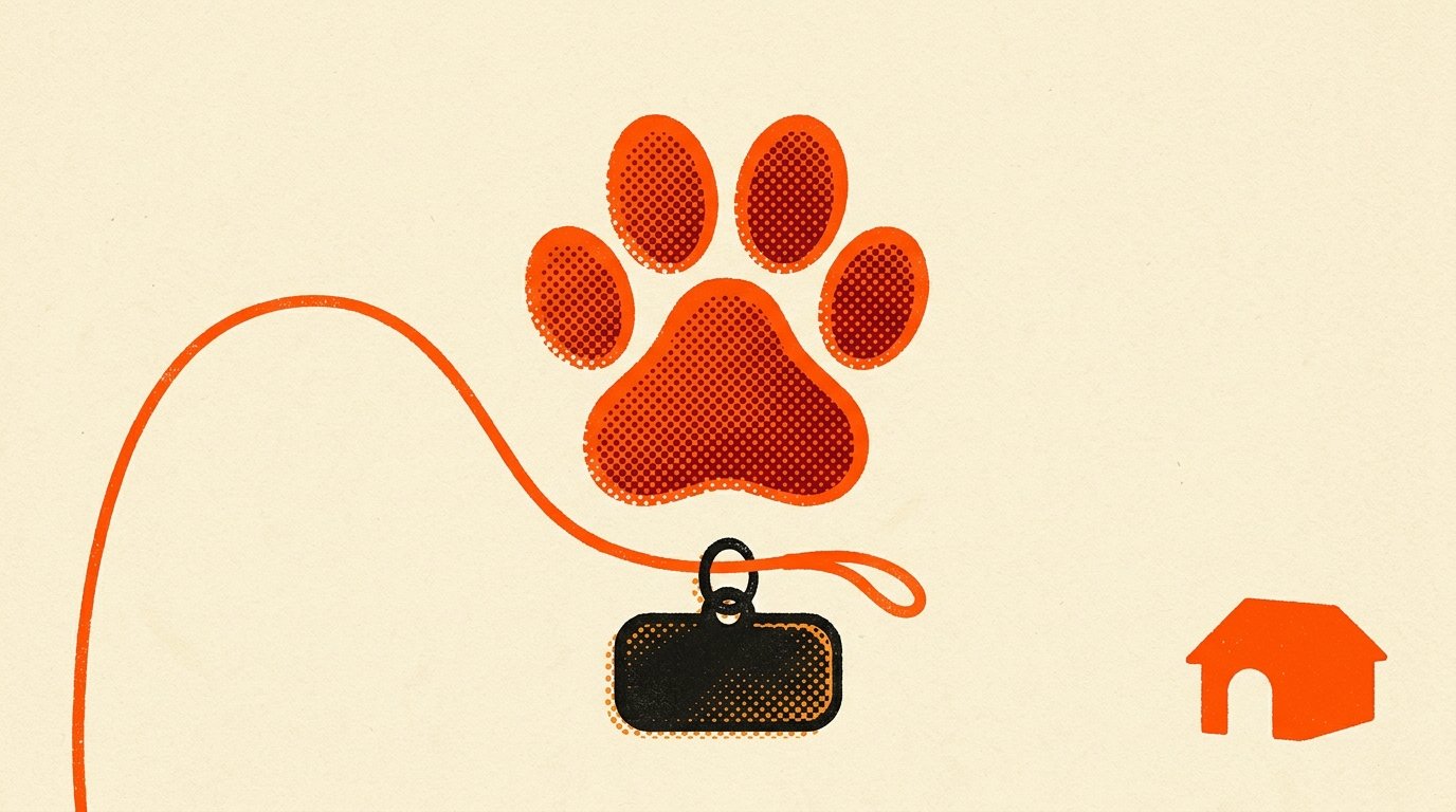 Pet insurance marketing and embedded vet-channel distribution: screenprint pop illustration of a bold paw print, blank collar tag, and leash arc, with a small solid orange kennel.