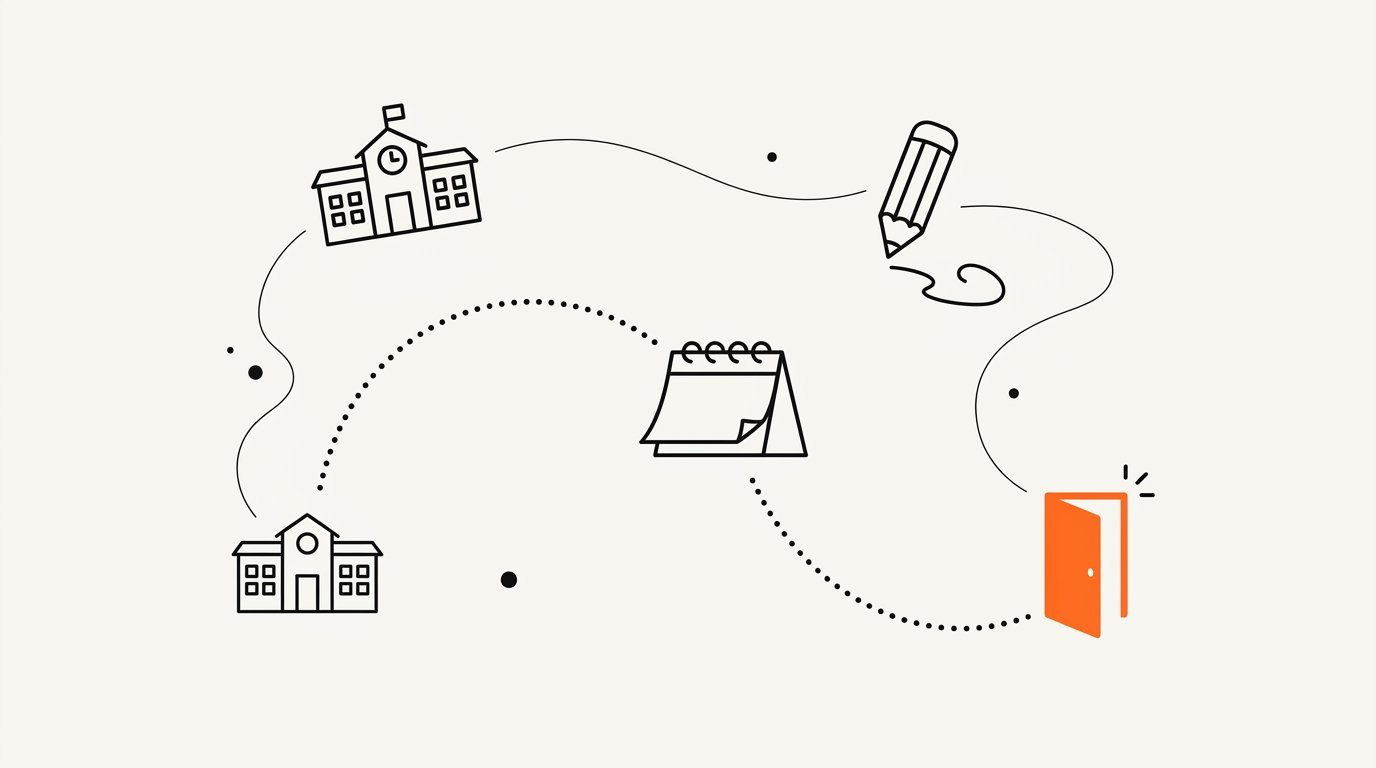 Preschool childcare parent enrolment journey from radius discovery through tour to waitlist offer, illustrated schematically