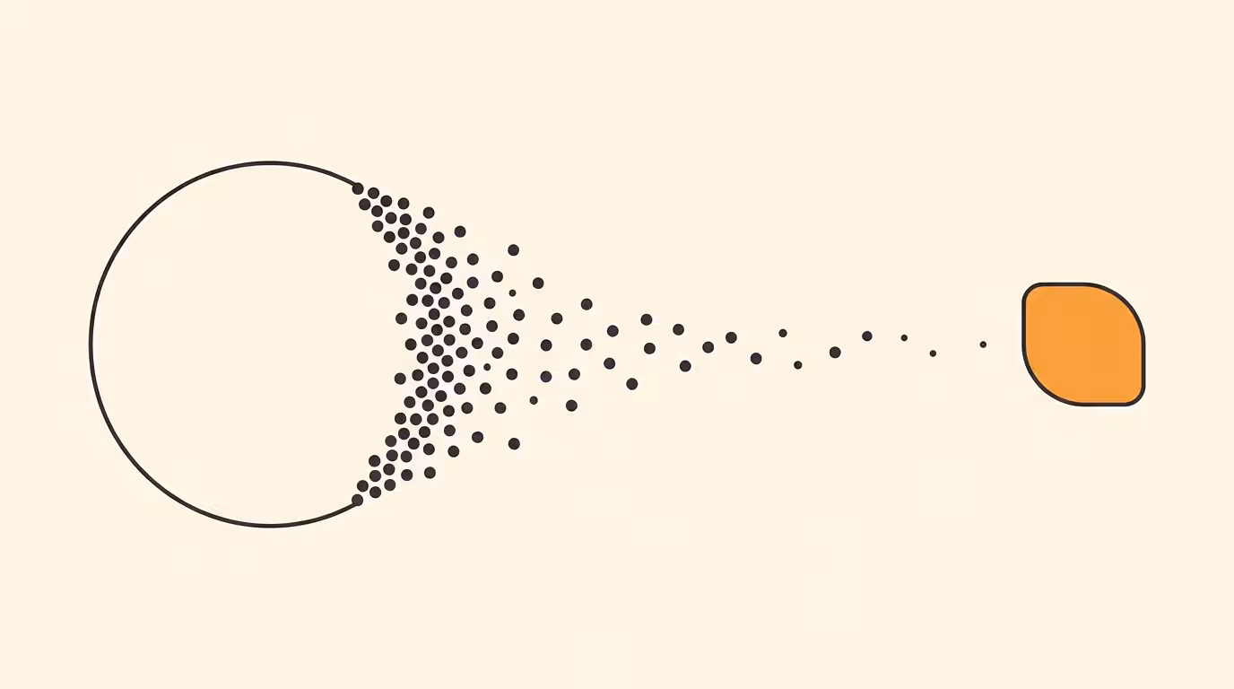 Editorial diagrammatic illustration: a layered data-pipeline diagram with several branching paths leading to terminated dead-ends, and a single tall central pillar with a brand-orange circle at its apex, on cream paper background.